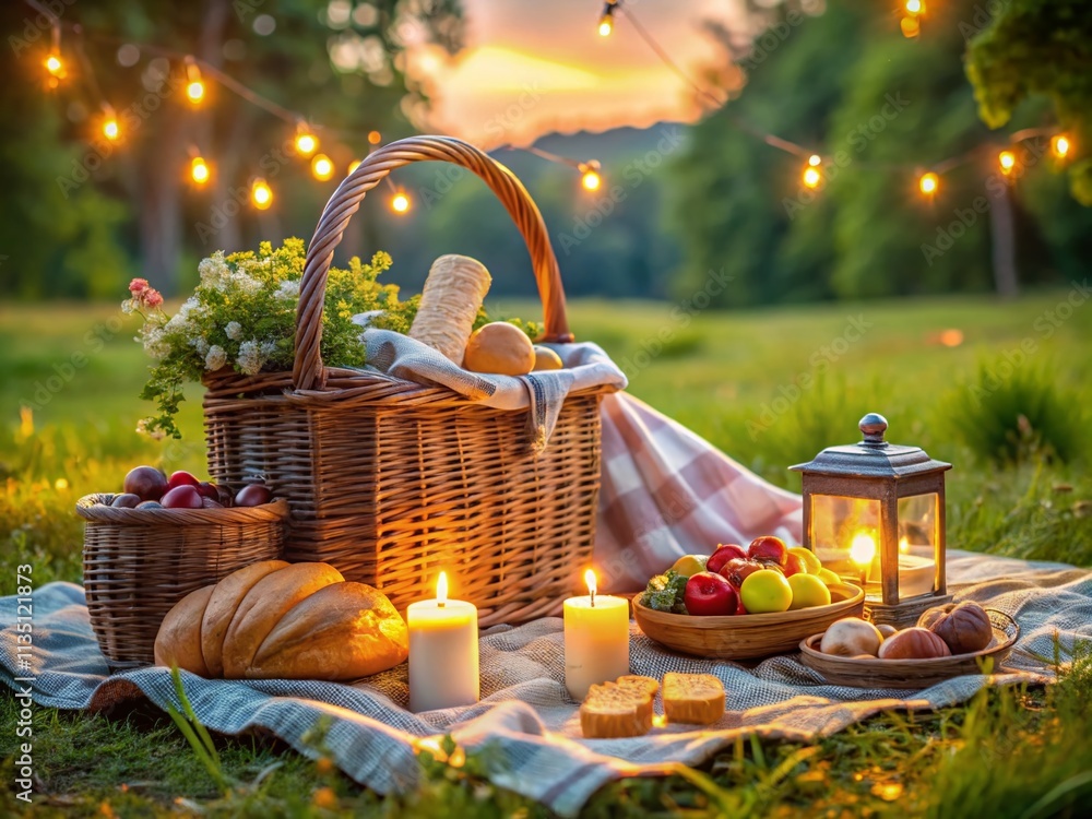 Romantic Low Light Picnic Basket Scene with Delicious Food and Soft Glow of Lanterns in a Serene Outdoor Setting for a Perfect Evening Getaway Romantic Low Light Picnic Basket Scene with Delicious Food and Soft Glow of Lanterns in a Serene Outdoor Setting for a Perfect Evening Getaway