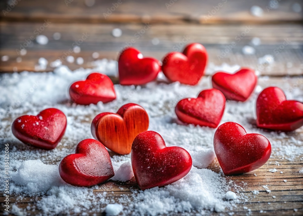 Obraz premium Romantic Red Wooden Hearts on a Soft Snowy Background for Valentine's Day Decor and Celebration Photography