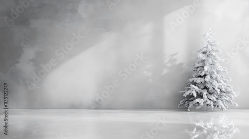 Minimalist snowy Christmas tree in a bright room with a textured wall.