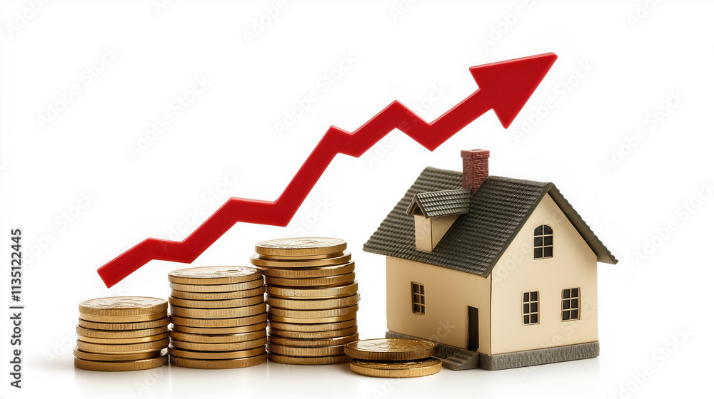 on a white background a stack of coins and a model of a country house and a red arrow growing upward on a white background a stack of coins and a model of a country house and a red arrow growing upward