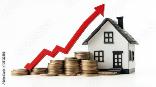 Wallpaper Mural on a white background a stack of coins and a model of a country house and a red arrow growing upward Torontodigital.ca
