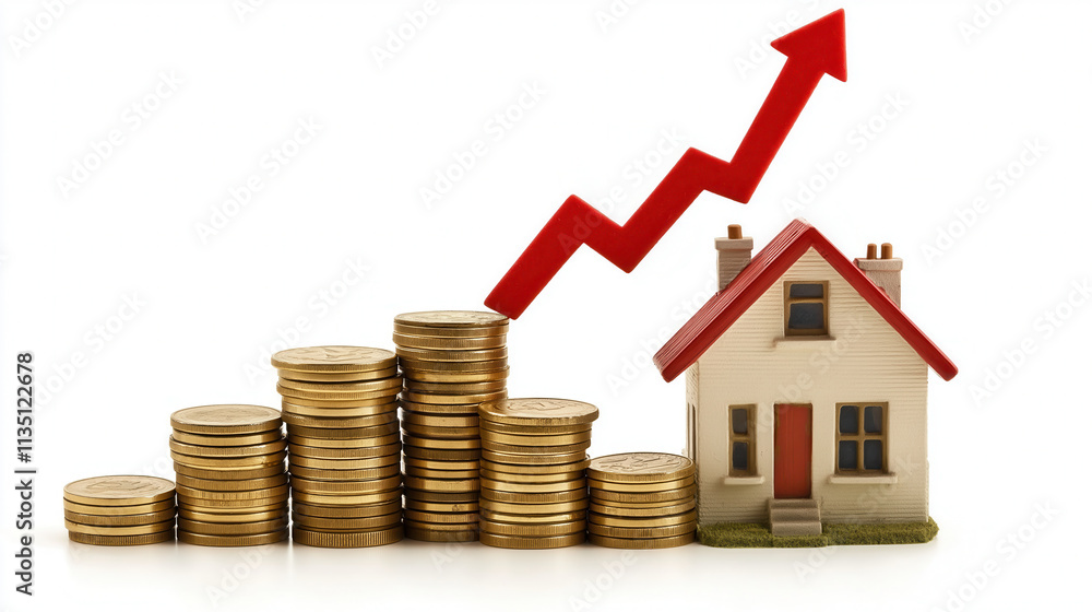 on a white background a stack of coins and a model of a country house and a red arrow growing upward on a white background a stack of coins and a model of a country house and a red arrow growing upward