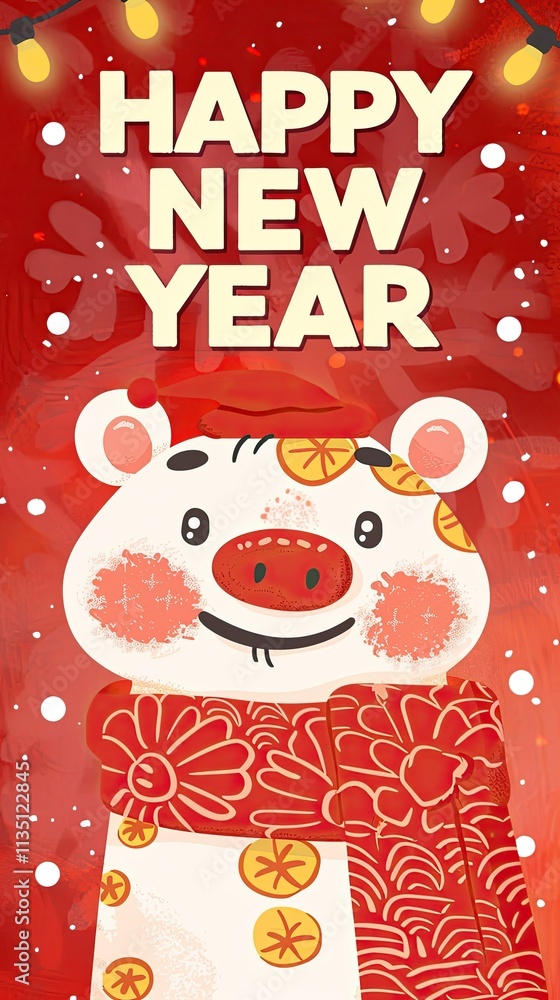 Fototapeta premium Illustration of Celebrating New Year with Red Background, Floral Elements, and Decorative Lights Perfect for Festive Promotions and Seasonal Greetings