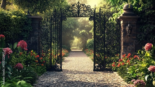 Fototapeta Naklejka Na Ścianę i Meble -  Ornate iron gate opening to a sunlit garden path.