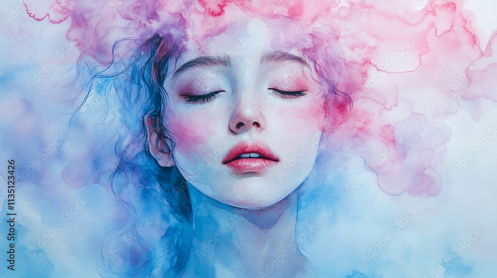Fototapeta premium Serene woman portrait in watercolor, pink and blue hues.