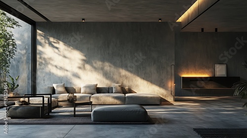 Modern minimalist living room with concrete walls, large windows, and sunlight streaming in.