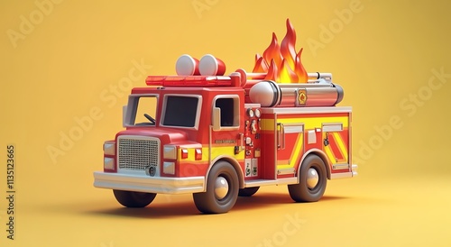 3D cartoon, a cute fire truck with water and flames on the roof photo