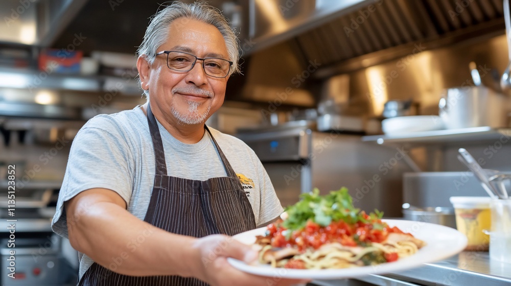 Chef presenting a plate of pasta in a kitchen. Chef presenting a plate of pasta in a kitchen.