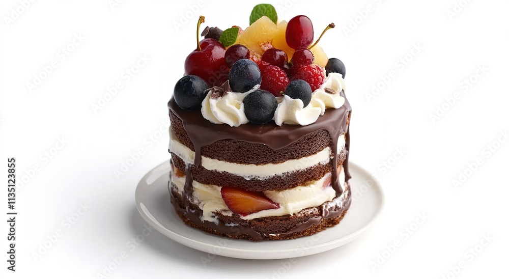 A miniature cake with layers of chocolate, vanilla, and fruit stacked on top of each other. A miniature cake with layers of chocolate, vanilla, and fruit stacked on top of each other.