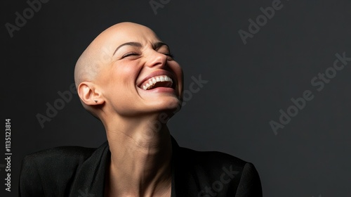 candid portrait of joyful bald woman midlaughter during interview radiating confidence and authenticity photo