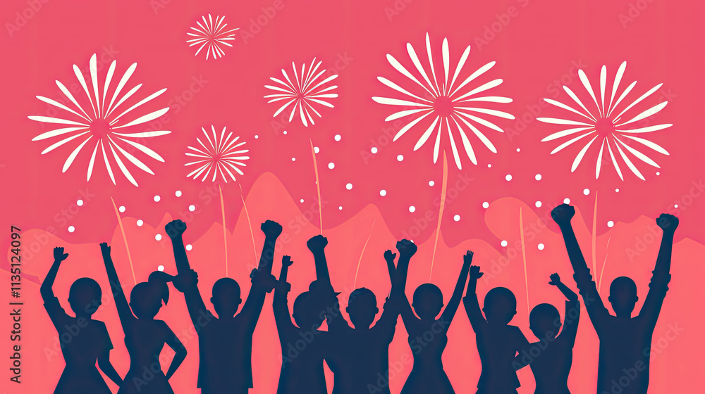 Celebration of Joyful People with Raised Fists Against a Vibrant Background of Fireworks and Colorful Elements, Signifying Festivity and Triumph in Life's Moments Celebration of Joyful People with Raised Fists Against a Vibrant Background of Fireworks and Colorful Elements, Signifying Festivity and Triumph in Life's Moments