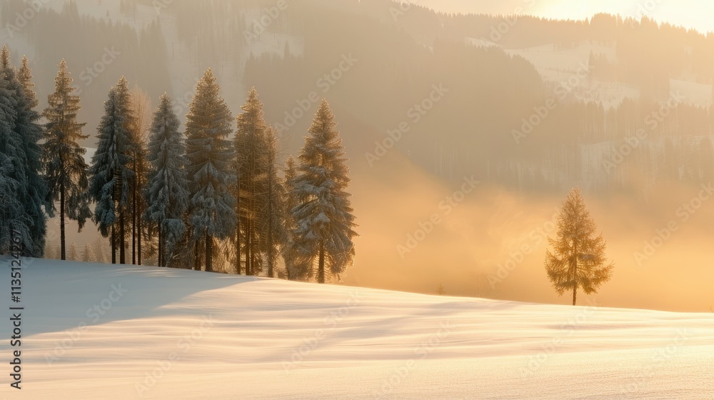 Tranquil Winter Landscape with Snowy Trees and Soft Sunrise Light Creating a Serene Atmosphere in a Picturesque Mountainous Region Tranquil Winter Landscape with Snowy Trees and Soft Sunrise Light Creating a Serene Atmosphere in a Picturesque Mountainous Region