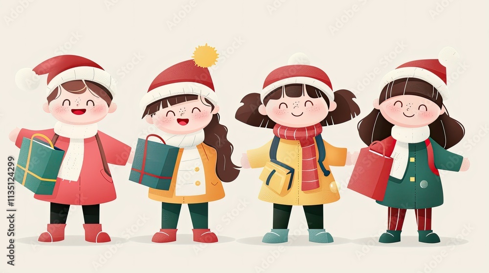 Charming Collection of Four Festive Children in Colorful Winter Outfits, Cheerfully Displaying Holiday Gifts with Joyous Expressions for a Magical Christmas Atmosphere Charming Collection of Four Festive Children in Colorful Winter Outfits, Cheerfully Displaying Holiday Gifts with Joyous Expressions for a Magical Christmas Atmosphere