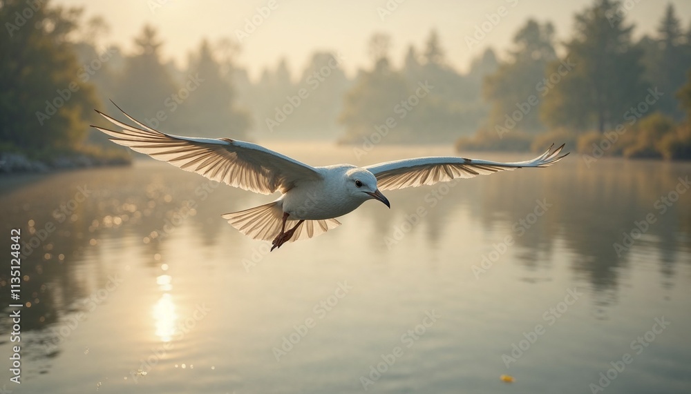 Bird flying over calm water at sunset, serene photorealistic scene Bird flying over calm water at sunset, serene photorealistic scene