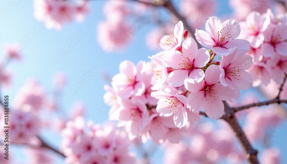 Cherry blossoms in full bloom under blue sky, spring morning light Cherry blossoms in full bloom under blue sky, spring morning light
