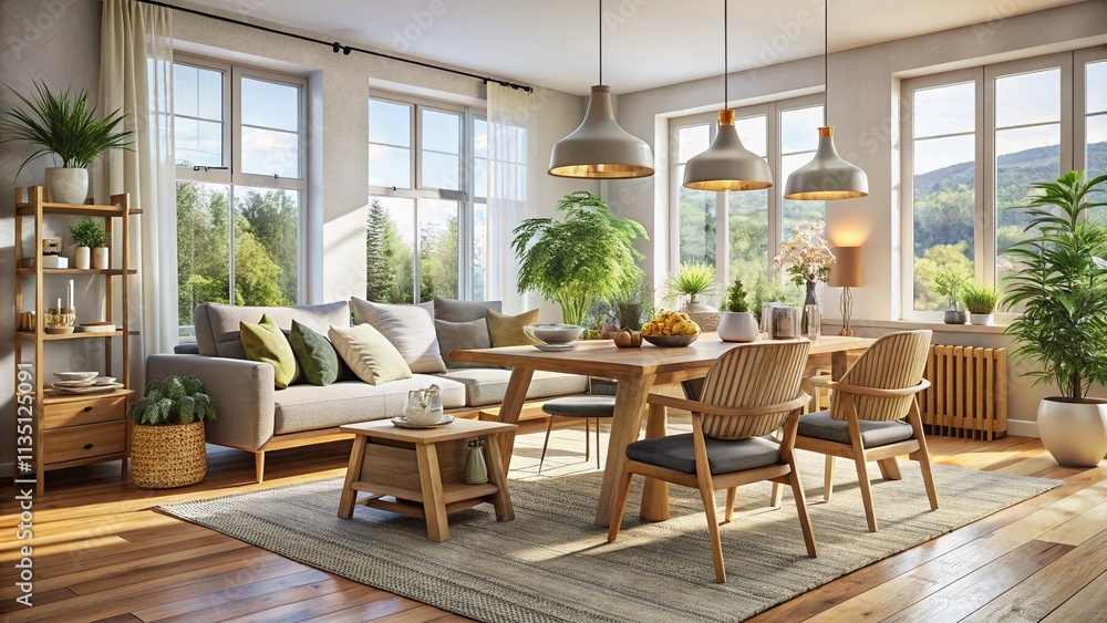 Scandinavian Modern Living Room Featuring a Handcrafted Wood Dining Set with Natural Light, Minimalist Decor, and Cozy Textiles in a Serene Atmosphere Scandinavian Modern Living Room Featuring a Handcrafted Wood Dining Set with Natural Light, Minimalist Decor, and Cozy Textiles in a Serene Atmosphere