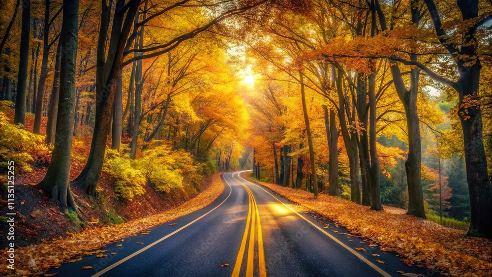 Obraz premium Scenic Autumn Drive: A Serene Road with Yellow Lines and Colorful Leaves, Capturing the Beauty of Fall in a Forest Setting at Dusk