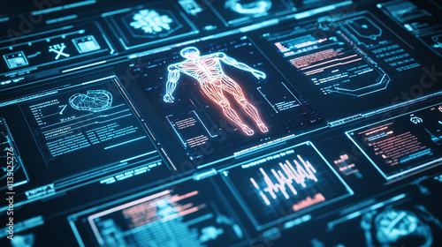 A glowing sports science lab icon showcasing biomechanical studies, representing online research platforms in sports medicine. 