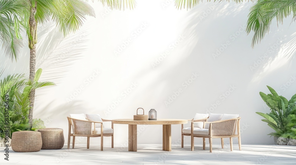 Fototapeta premium Outdoor patio dining area with wooden furniture, palm trees, and a bright white wall. Tranquil, tropical, and stylish patio design. Natural light and shadows. Relaxing ambiance.