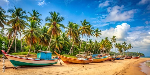 Scenic Fishing Boats on the Sandy Shoreline Surrounded by Lush Palm Trees in Kalutara, Sri Lanka - A Tranquil Tropical Paradise