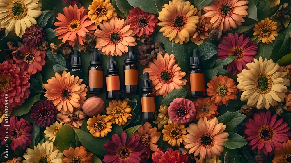 Essential oils for skin are beautifully arranged among vibrant flowers, creating a serene and colorful flat lay. This harmonious display radiates natural beauty. Essential oils for skin are beautifully arranged among vibrant flowers, creating a serene and colorful flat lay. This harmonious display radiates natural beauty.