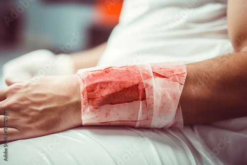 Medical simulation illustrating a stable patient with a bandage over a small bloodied wound.