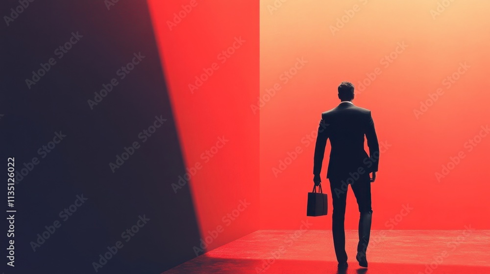Businessman in a suit holding a briefcase walking into a dramatic red and black light background Businessman in a suit holding a briefcase walking into a dramatic red and black light background