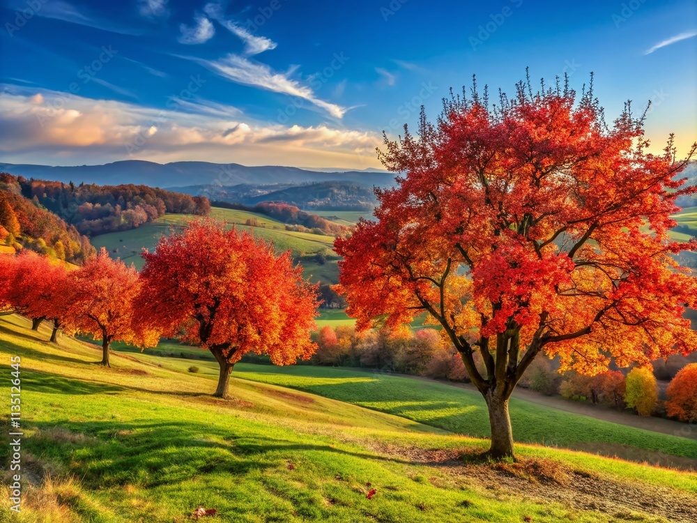 Fototapeta premium Scenic View of Autumn Cherry Trees in the Czech Countryside with Vibrant Fall Foliage and Rolling Hills Under a Clear Blue Sky for Landscape Photography Enthusiasts
