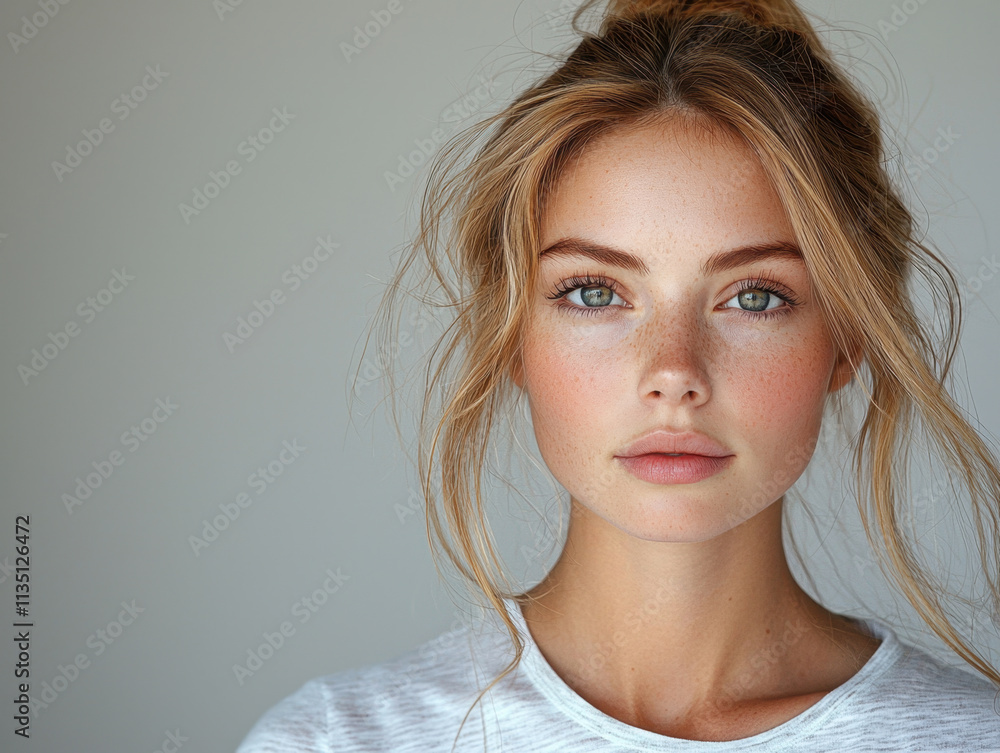 Naklejka premium Close-up portrait of a serene young woman with long blonde hair and freckles. Her clear blue eyes and natural look are complemented by soft lighting, creating an atmosphere of calm elegance.