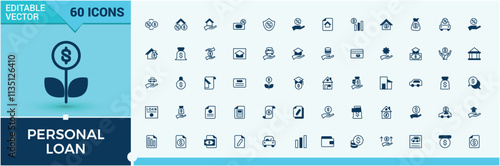 Personal Loan thin line icon set. Contains such icons as profit, interest, bank, piggy, fund, leasing and more. Isolated icons design. Outline and solid pictogram.