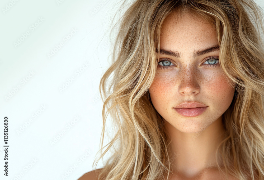 Close-up portrait of a serene young woman with long blonde hair and freckles. Her clear blue eyes and natural look are complemented by soft lighting, creating an atmosphere of calm elegance. Close-up portrait of a serene young woman with long blonde hair and freckles. Her clear blue eyes and natural look are complemented by soft lighting, creating an atmosphere of calm elegance.