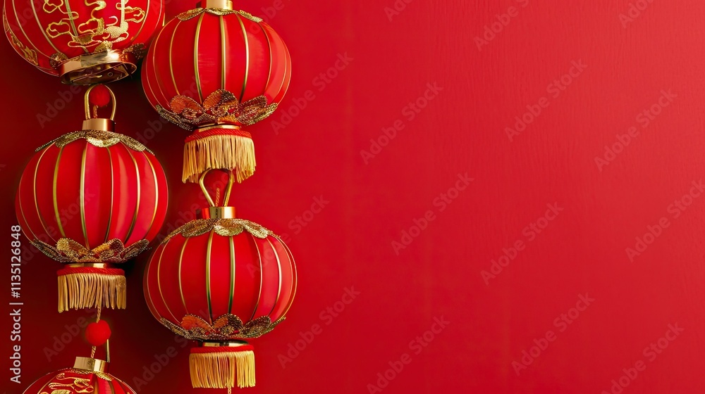 Chinese New Year Red Lanterns Hanging Gracefully Against a Bold Red Background Perfect for Cultural Celebrations, Festivals, and Seasonal Events with Traditional Flair Chinese New Year Red Lanterns Hanging Gracefully Against a Bold Red Background Perfect for Cultural Celebrations, Festivals, and Seasonal Events with Traditional Flair