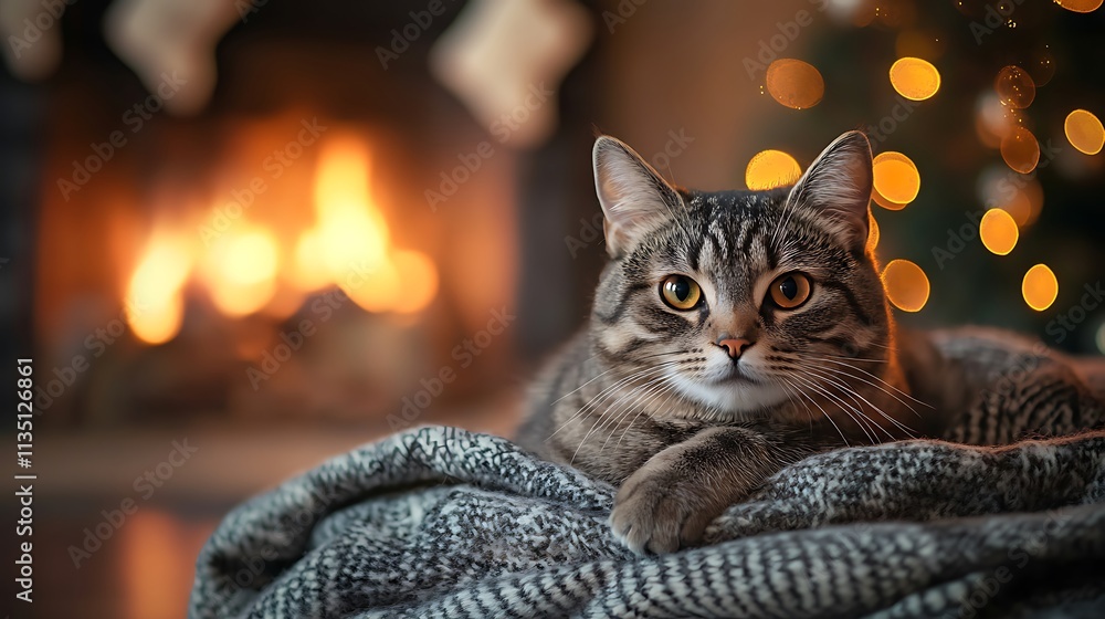 © Thirakun - A calm cat sitting on a cozy blanket by a glowing Christmas tree and chimney fire © Thirakun - A calm cat sitting on a cozy blanket by a glowing Christmas tree and chimney fire