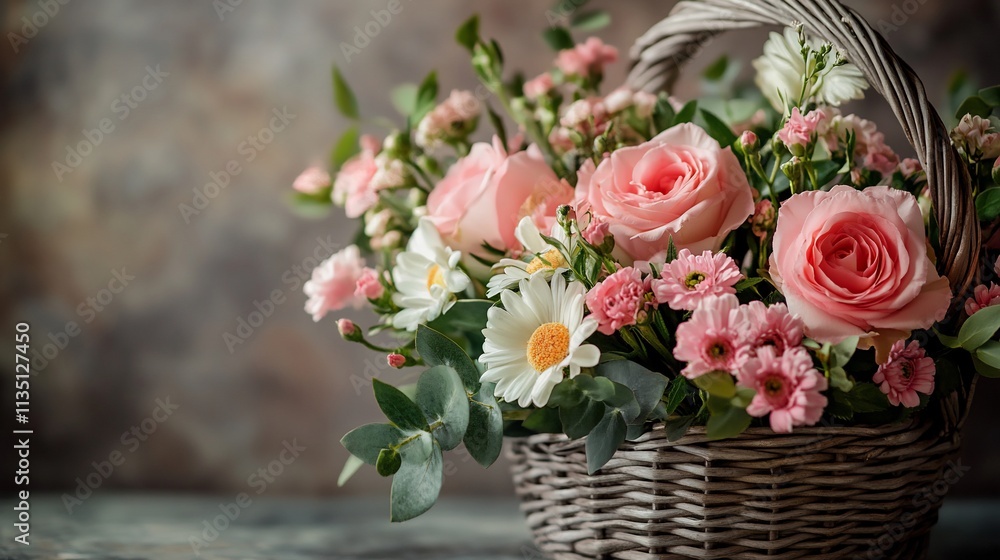 Pink roses, daisies, and carnations in a wicker basket. Pink roses, daisies, and carnations in a wicker basket.