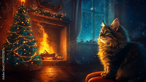 A fluffy cat looking curiously at a sparkling Christmas tree near a glowing chimney fire