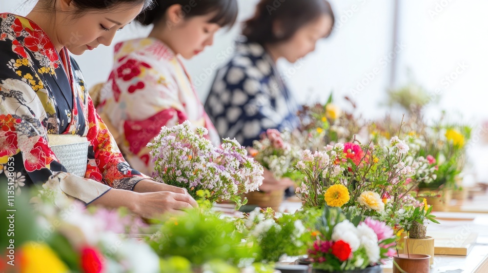 Women in traditional Japanese kimonos arranging floral arrangements. Women in traditional Japanese kimonos arranging floral arrangements.