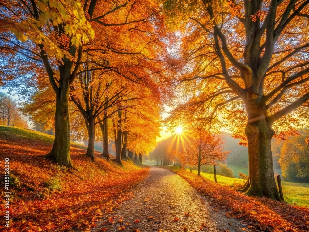 Fototapeta premium Serene Autumn Morning: Captivating Wecker Herbst Landscape with Vibrant Foliage and Soft Light, Perfectly Balanced in the Rule of Thirds Composition for Nature Photography Enthusiasts