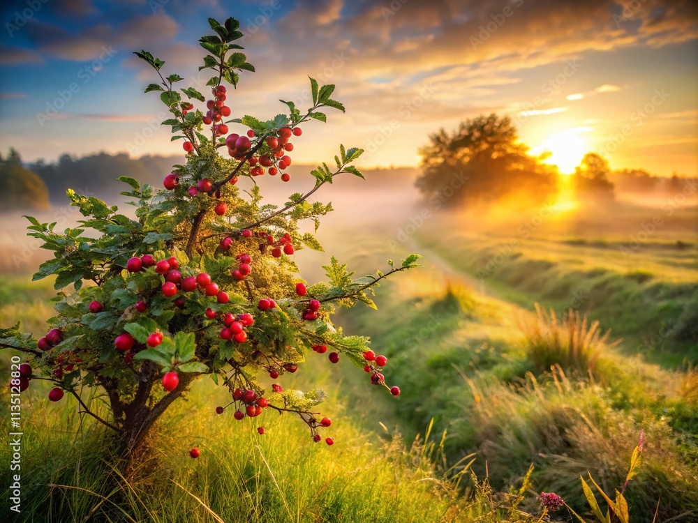 Serene Berry Bush Nestled in a Misty Field at Dawn, Nature's Tranquility Captured in a Soft Ethereal Light, Perfect for Landscape Photography Lovers and Nature Enthusiasts Serene Berry Bush Nestled in a Misty Field at Dawn, Nature's Tranquility Captured in a Soft Ethereal Light, Perfect for Landscape Photography Lovers and Nature Enthusiasts