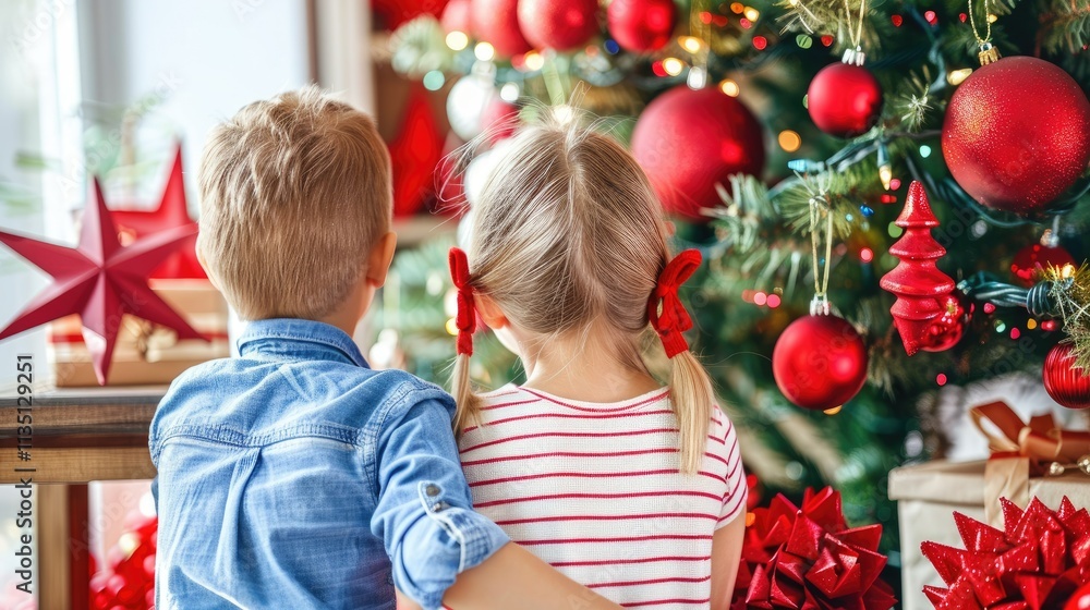 Two Children Admiring a Festively Decorated Christmas Tree Surrounded by Red Ornaments and Holiday Decorations in a Cozy Home Setting Two Children Admiring a Festively Decorated Christmas Tree Surrounded by Red Ornaments and Holiday Decorations in a Cozy Home Setting