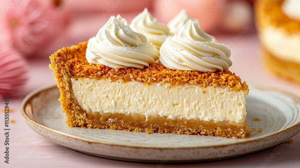 Delicious Creamy Cheesecake Slice with Crumble Topping and Whipped Cream Delicious Creamy Cheesecake Slice with Crumble Topping and Whipped Cream