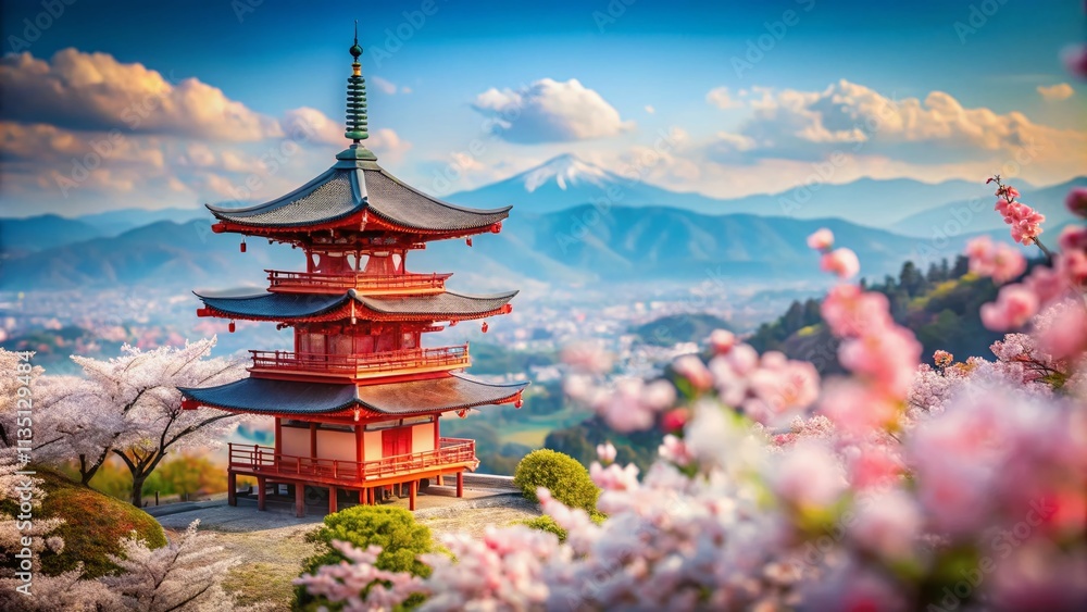 Serene Cherry Blossoms Framing a Majestic Red Pagoda in Kyoto's Tranquil Landscape, Captured in Stunning Tilt-Shift Photography for a Dreamlike Experience Serene Cherry Blossoms Framing a Majestic Red Pagoda in Kyoto's Tranquil Landscape, Captured in Stunning Tilt-Shift Photography for a Dreamlike Experience