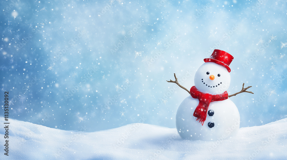 Cheerful snowman in a snowy winter landscape with falling snow Cheerful snowman in a snowy winter landscape with falling snow