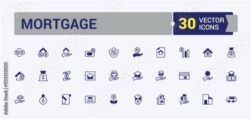 Mortgage icons set in line style. Containing savings, ui, rise, time, fund, house, percentage and more. Isolated icons design. Solid line editable stroke. Vector line and solid icons.