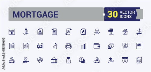 Mortgage icons set in line style. Containing savings, ui, rise, time, fund, house, percentage and more. Isolated icons design. Solid line editable stroke. Vector line and solid icons.