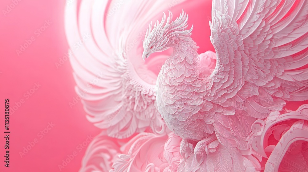 Obraz premium A stylized, pink, mythical phoenix sculpture, with large, detailed wings, a sophisticated, decorative background.