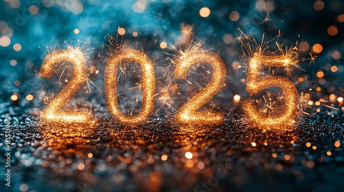 Colorful sparkler 2025 text bright firework illumination over dark blue night sky happy new year concept