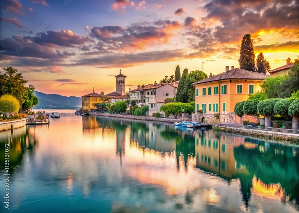 Obraz premium Serene Evening View Over Lake Garda from Peschiera: A Vintage Style Capture of Tranquil Waters and Charming Surroundings at Dusk