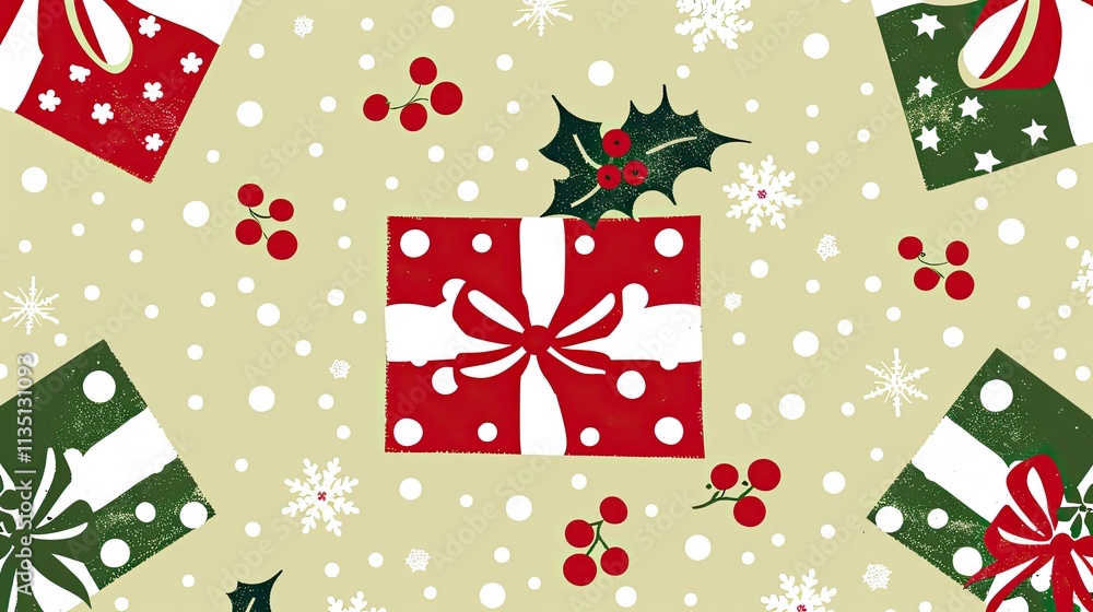 Festive Pattern of Gift Boxes with Holiday Decorations Featuring Snowflakes and Berries on a Cream Background for Cheerful Seasonal Celebrations Festive Pattern of Gift Boxes with Holiday Decorations Featuring Snowflakes and Berries on a Cream Background for Cheerful Seasonal Celebrations
