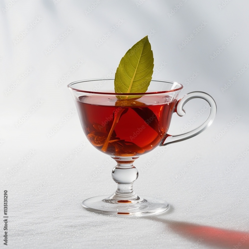 Delicate, transparent clear glass teacup with elegantly curved handle and slender stem, filled with vibrant red tea that's rich in tone and texture, garnished with a lone.AI generated Delicate, transparent clear glass teacup with elegantly curved handle and slender stem, filled with vibrant red tea that's rich in tone and texture, garnished with a lone.AI generated