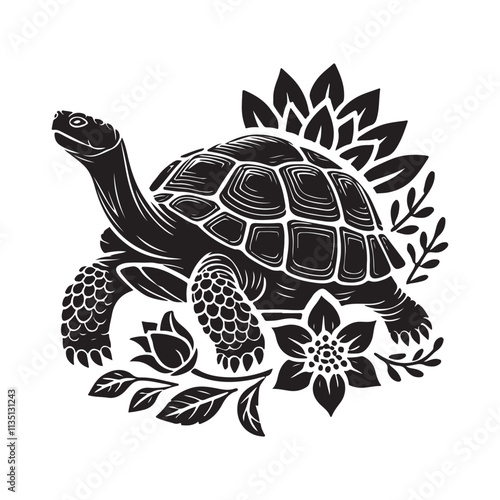 Tortoise Silhouette Vector Illustration, Solid White Background.